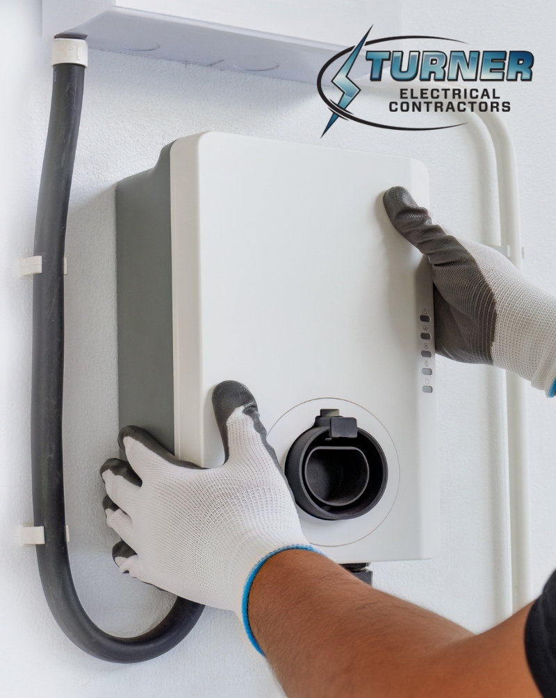 Turner Electrical Contractors technician installing a wall-mounted EV charging station in a Connecticut garage